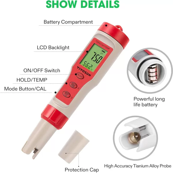 VIVOSUN 3-in-1 Digital pH Meter with ATC, ±0.1 pH Accuracy Water Quality Tester, 0-14.0 pH Measurement Range for Hydroponics, Household Drinking, Pool and Aquarium