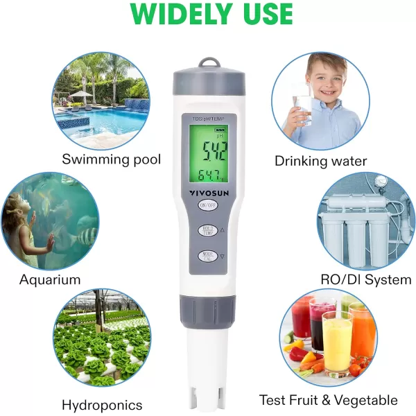 VIVOSUN 3-in-1 Digital pH Meter with ATC, ±0.1 pH Accuracy Water Quality Tester, 0-14.0 pH Measurement Range for Hydroponics, Household Drinking, Pool and Aquarium
