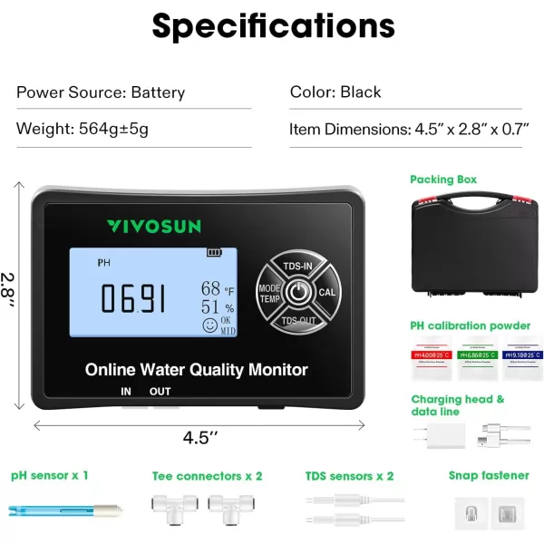 VIVOSUN 3-in-1 Digital pH Meter with ATC, ±0.1 pH Accuracy Water Quality Tester, 0-14.0 pH Measurement Range for Hydroponics, Household Drinking, Pool and Aquarium