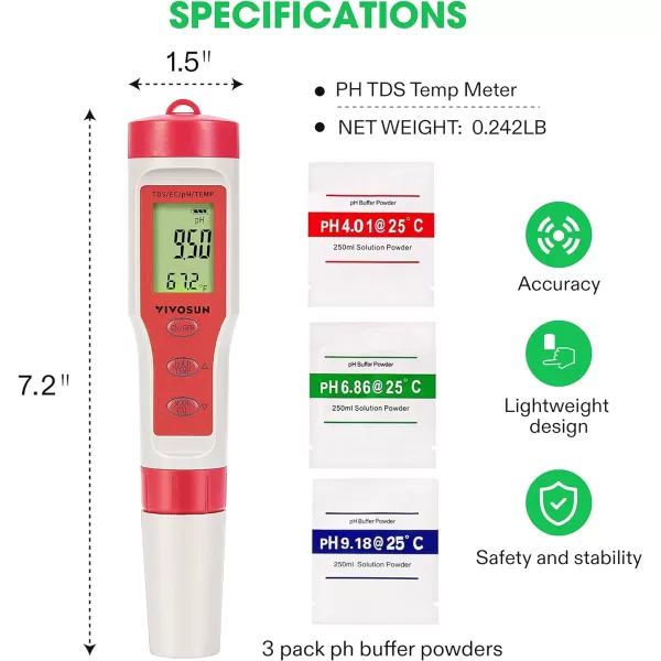 VIVOSUN 3-in-1 Digital pH Meter with ATC, ±0.1 pH Accuracy Water Quality Tester, 0-14.0 pH Measurement Range for Hydroponics, Household Drinking, Pool and Aquarium