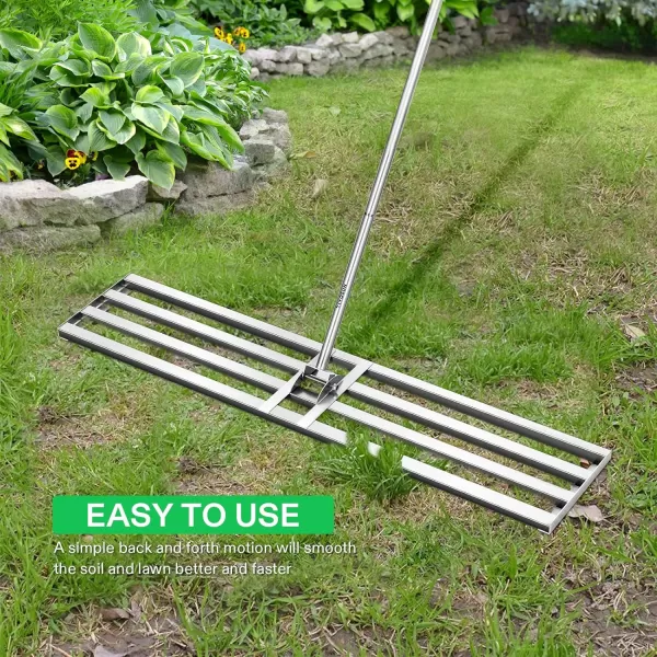 VIVOSUN 30" Lawn Leveling Rake, 30" x 10" x 78" Heavy-Duty Stainless Steel Lawn Leveler with 7FT Adjuatble Long Handle for High Effect, Metal Levelawn for Smooth Soil, Rustproof Rakes for Garden Yard