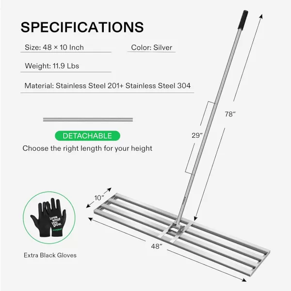 VIVOSUN 30" Lawn Leveling Rake, 30" x 10" x 78" Heavy-Duty Stainless Steel Lawn Leveler with 7FT Adjuatble Long Handle for High Effect, Metal Levelawn for Smooth Soil, Rustproof Rakes for Garden Yard