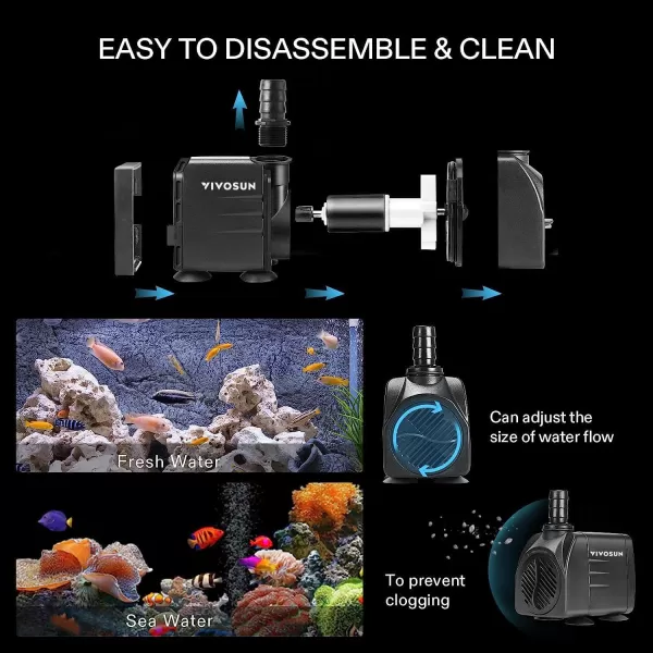 VIVOSUN 480GPH Submersible Pump, Ultra Quiet Water Pump with 7.2ft High Lift, Fountain Pump with 5ft Power Cord, 3 Nozzles for Fish Tank, Aquarium, Statuary, Hydroponics Black