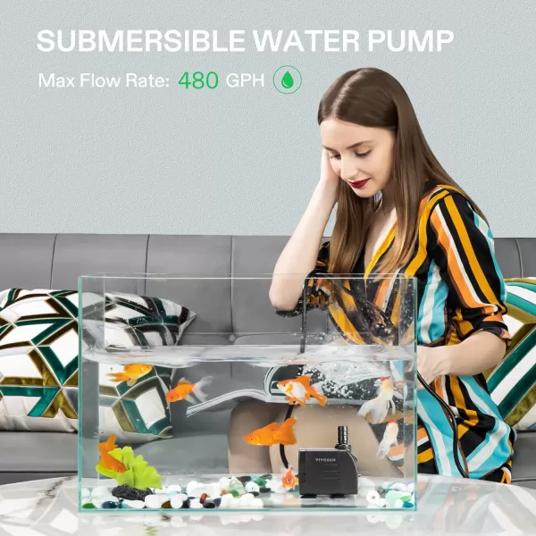 VIVOSUN 480GPH Submersible Pump, Ultra Quiet Water Pump with 7.2ft High Lift, Fountain Pump with 5ft Power Cord, 3 Nozzles for Fish Tank, Aquarium, Statuary, Hydroponics Black