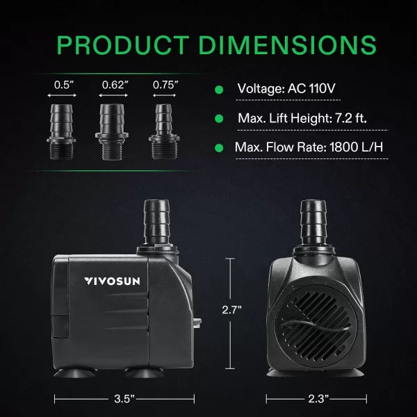 VIVOSUN 480GPH Submersible Pump, Ultra Quiet Water Pump with 7.2ft High Lift, Fountain Pump with 5ft Power Cord, 3 Nozzles for Fish Tank, Aquarium, Statuary, Hydroponics Black