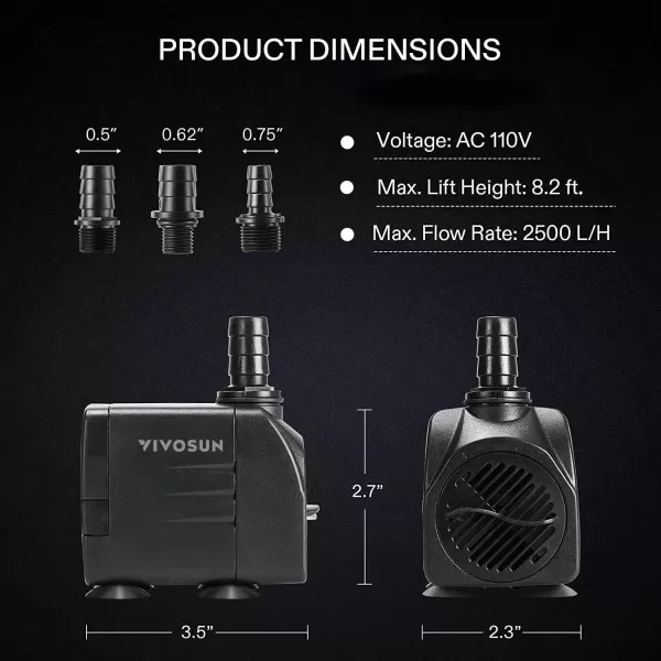 VIVOSUN 480GPH Submersible Pump, Ultra Quiet Water Pump with 7.2ft High Lift, Fountain Pump with 5ft Power Cord, 3 Nozzles for Fish Tank, Aquarium, Statuary, Hydroponics Black