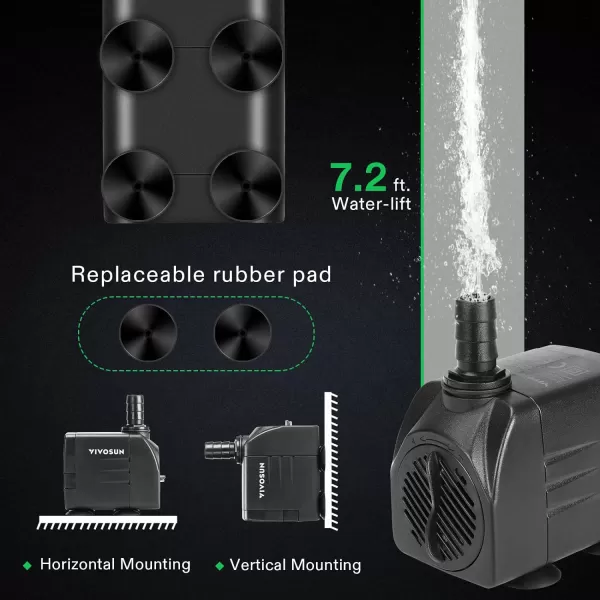 VIVOSUN 480GPH Submersible Pump, Ultra Quiet Water Pump with 7.2ft High Lift, Fountain Pump with 5ft Power Cord, 3 Nozzles for Fish Tank, Aquarium, Statuary, Hydroponics Black