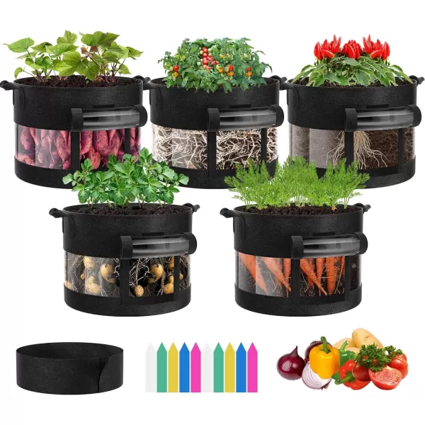 VIVOSUN 5-Pack 10 Gallon Visible Potato Grow Bags, Thick Fabric Potato Pots with 360° Visibility &amp; Harvest Window, Potato Growing Containers Potato Planter Potato Planter for Growing Potatoes, Black
