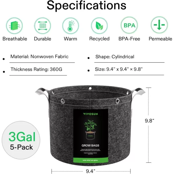VIVOSUN 5-Pack 15 Gallon Grow Bags, 360G Thick Nonwoven Fabric Pots with Strap Handles, Multi-Purpose Rings, for Low Stress Plant Training Fruits, Vegetables, and Flowers