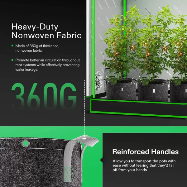 VIVOSUN 5-Pack 15 Gallon Grow Bags, 360G Thick Nonwoven Fabric Pots with Strap Handles, Multi-Purpose Rings, for Low Stress Plant Training Fruits, Vegetables, and Flowers