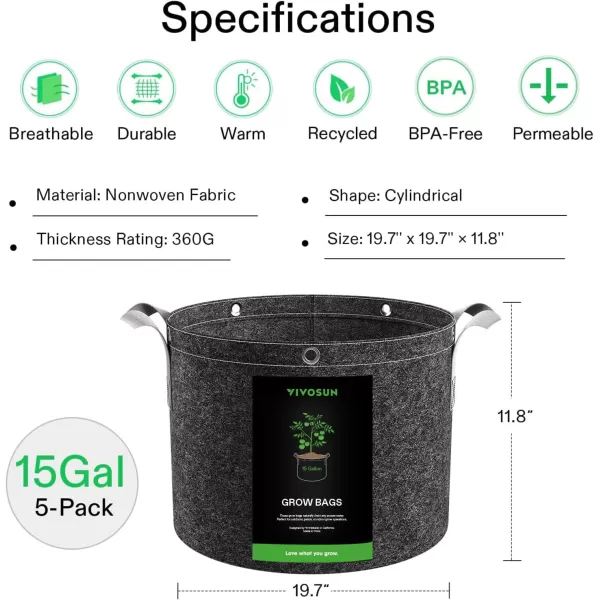 VIVOSUN 5-Pack 15 Gallon Grow Bags, 360G Thick Nonwoven Fabric Pots with Strap Handles, Multi-Purpose Rings, for Low Stress Plant Training Fruits, Vegetables, and Flowers