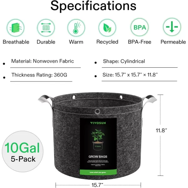 VIVOSUN 5-Pack 15 Gallon Grow Bags, 360G Thick Nonwoven Fabric Pots with Strap Handles, Multi-Purpose Rings, for Low Stress Plant Training Fruits, Vegetables, and Flowers