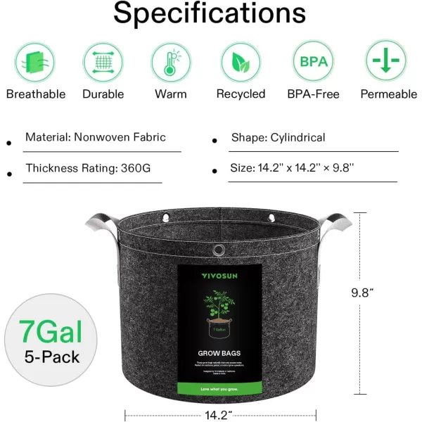 VIVOSUN 5-Pack 15 Gallon Grow Bags, 360G Thick Nonwoven Fabric Pots with Strap Handles, Multi-Purpose Rings, for Low Stress Plant Training Fruits, Vegetables, and Flowers