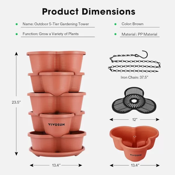 VIVOSUN 5 Tier Vertical Gardening Stackable Planter for Strawberries, Flowers, Herbs, Vegetables Brown