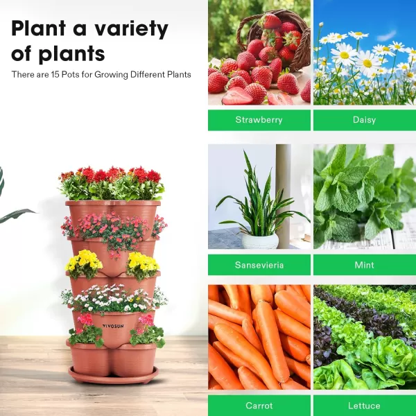 VIVOSUN 5 Tier Vertical Gardening Stackable Planter for Strawberries, Flowers, Herbs, Vegetables Brown