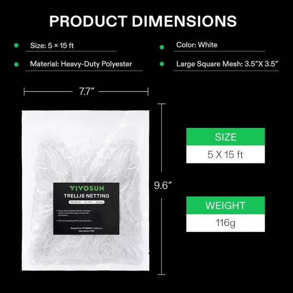 VIVOSUN 5 x 15 ft. Plant Trellis Netting, Heavy-Duty Polyester Grow Net, Garden Trellis Netting with Square Mesh for Climbing Plants, Vegetables, Fruits, and Flowers, 2-Pack