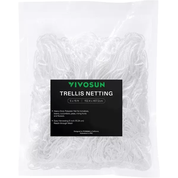 VIVOSUN 5 x 15 ft. Plant Trellis Netting, Heavy-Duty Polyester Grow Net, Garden Trellis Netting with Square Mesh for Climbing Plants, Vegetables, Fruits, and Flowers, 1-Pack