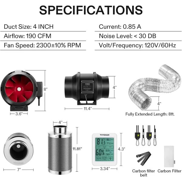 VIVOSUN 6 Inch 390 CFM Inline Fan with Speed Controller, 6 Inch Carbon Filter and 8 Feet of Ducting, Temperature Humidity Monitor for Grow Tent Ventilation