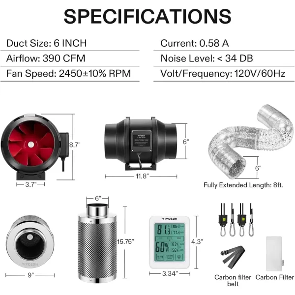VIVOSUN 6 Inch 390 CFM Inline Fan with Speed Controller, 6 Inch Carbon Filter and 8 Feet of Ducting, Temperature Humidity Monitor for Grow Tent Ventilation