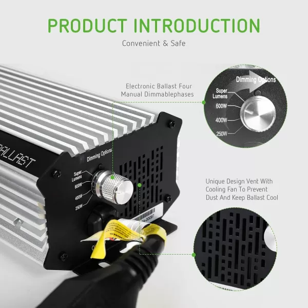 VIVOSUN 600 Watt Dimmable Electronic Digital Ballast with Enhanced Internal Cooled Fan, 25% Less Heat Generated and 15% Longer Service Life
