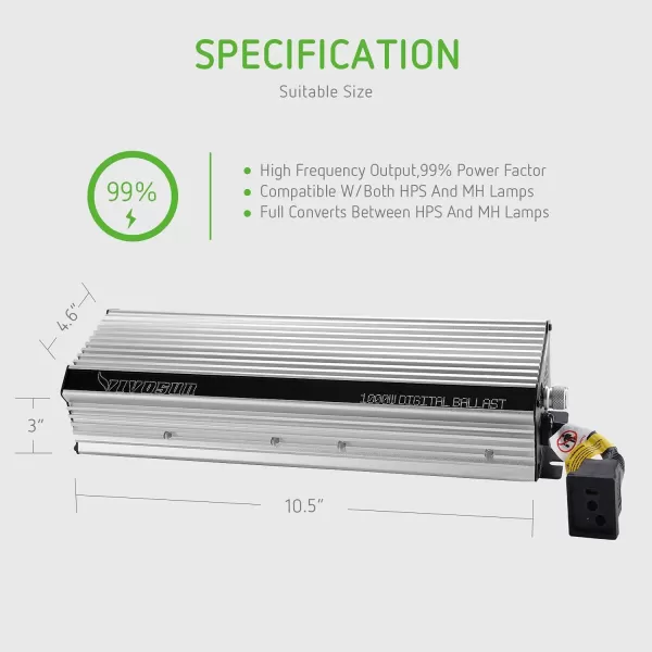 VIVOSUN 600 Watt Dimmable Electronic Digital Ballast with Enhanced Internal Cooled Fan, 25% Less Heat Generated and 15% Longer Service Life