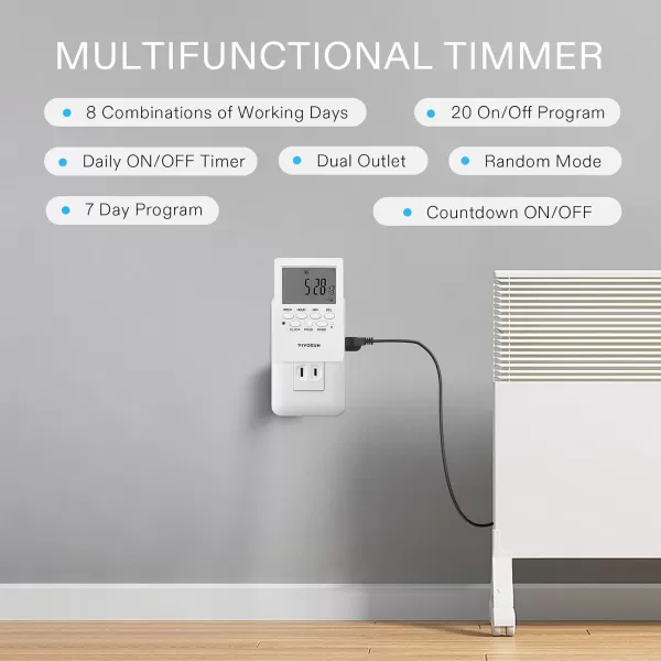 VIVOSUN 7 Day Programmable Digital Timer with Dual Outlet, 20 On/Off UL Listed Heavy Duty Plug-in Outlet Timer with Countdown Setting, Indoor for Lamp, Fan, Heater, Humidifiers, Aquarium 