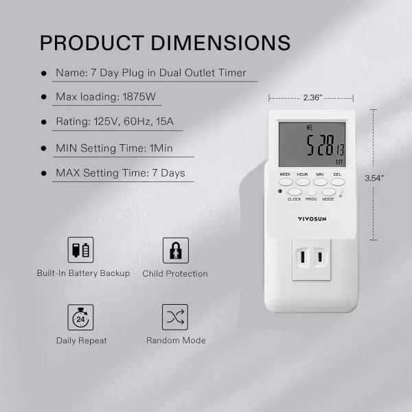VIVOSUN 7 Day Programmable Digital Timer with Dual Outlet, 20 On/Off UL Listed Heavy Duty Plug-in Outlet Timer with Countdown Setting, Indoor for Lamp, Fan, Heater, Humidifiers, Aquarium 