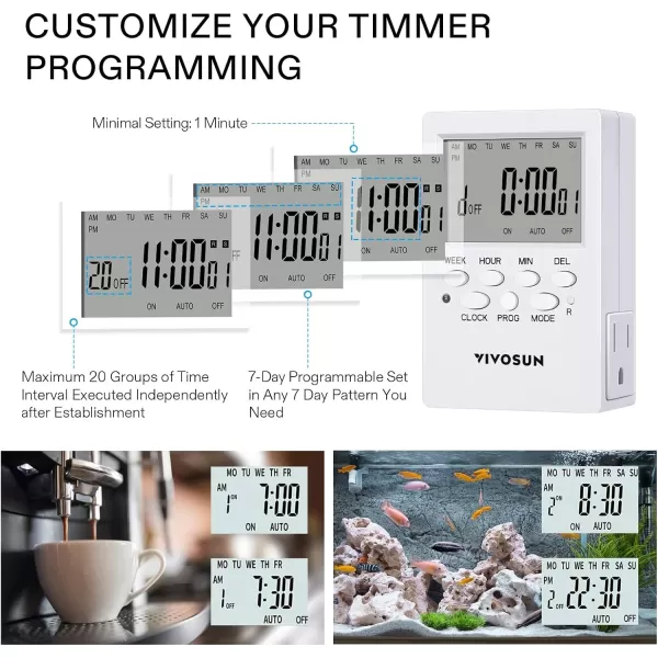 VIVOSUN 7 Day Programmable Digital Timer with Dual Outlet, 20 On/Off UL Listed Heavy Duty Plug-in Outlet Timer with Countdown Setting, Indoor for Lamp, Fan, Heater, Humidifiers, Aquarium 