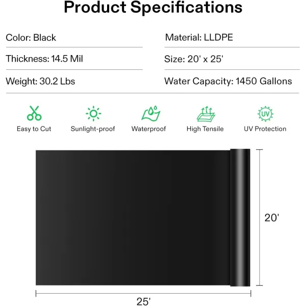 VIVOSUN 7 x 10 Feet Pond Liner, 14.5 Mil Durable LLDPE Pond Skins for Waterfall, Pond and Fish Ponds, Black