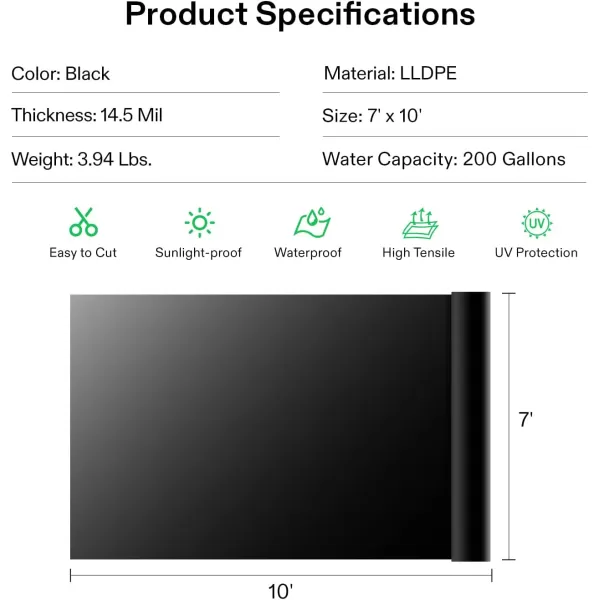 VIVOSUN 7 x 10 Feet Pond Liner, 14.5 Mil Durable LLDPE Pond Skins for Waterfall, Pond and Fish Ponds, Black