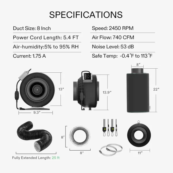 VIVOSUN 8 Inch 740 CFM Inline Fan with Speed Controller, 8 Inch Carbon Filter and 25 Feet of Ducting, Air Filtration Combo for Grow Tent Ventilation