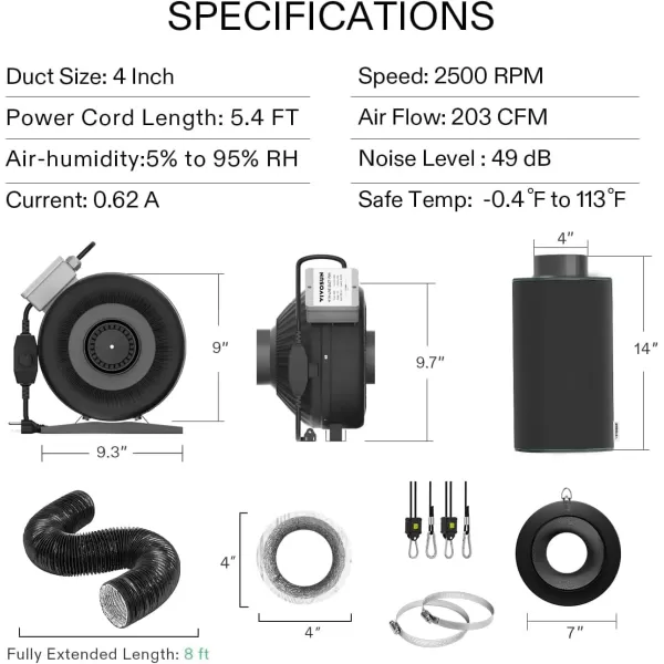 VIVOSUN 8 Inch 740 CFM Inline Fan with Speed Controller, 8 Inch Carbon Filter and 25 Feet of Ducting, Air Filtration Combo for Grow Tent Ventilation