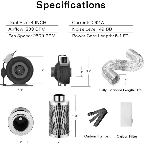 VIVOSUN 8 Inch 740 CFM Inline Fan with Speed Controller, 8 Inch Carbon Filter and 25 Feet of Ducting, Air Filtration Combo for Grow Tent Ventilation