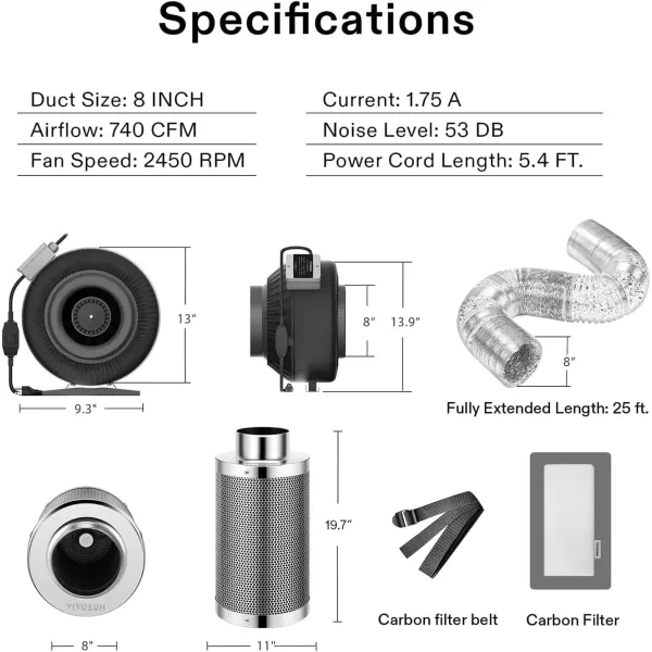 VIVOSUN 8 Inch 740 CFM Inline Fan with Speed Controller, 8 Inch Carbon Filter and 25 Feet of Ducting, Air Filtration Combo for Grow Tent Ventilation