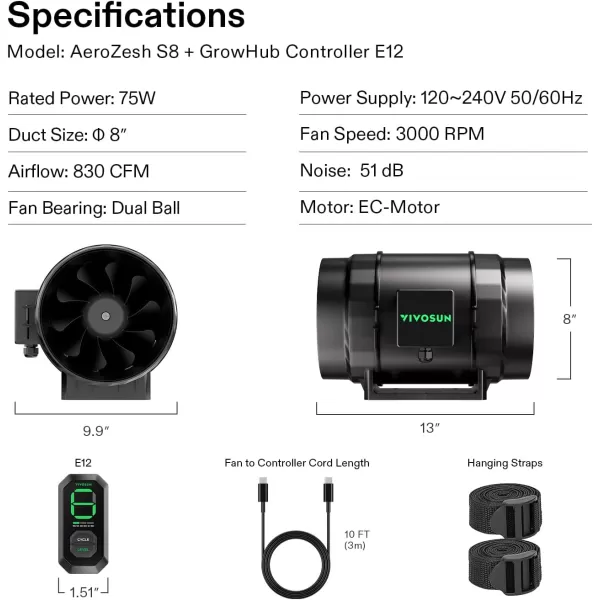 VIVOSUN AeroZesh S8 8-inch 830 CFM Inline Duct Fan with E12 Speed Controller, Entirely Programmable PWM-Controlled EC Fan for Grow Tent Ventilation