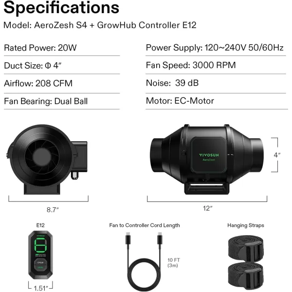 VIVOSUN AeroZesh S8 8-inch 830 CFM Inline Duct Fan with E12 Speed Controller, Entirely Programmable PWM-Controlled EC Fan for Grow Tent Ventilation