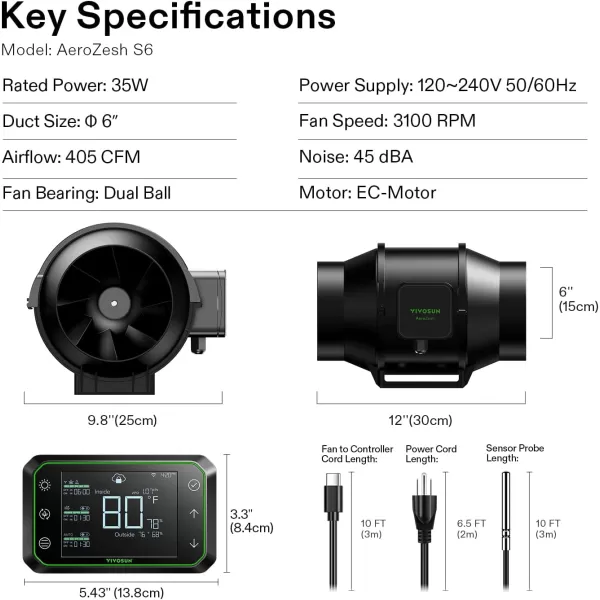 VIVOSUN AeroZesh S8 8-inch 830 CFM Inline Duct Fan with E12 Speed Controller, Entirely Programmable PWM-Controlled EC Fan for Grow Tent Ventilation