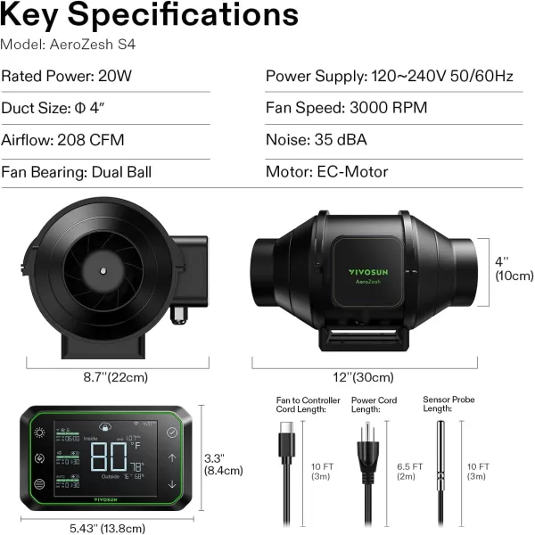 VIVOSUN AeroZesh S8 8-inch 830 CFM Inline Duct Fan with E12 Speed Controller, Entirely Programmable PWM-Controlled EC Fan for Grow Tent Ventilation