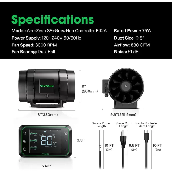VIVOSUN AeroZesh S8 8-inch 830 CFM Inline Duct Fan with E12 Speed Controller, Entirely Programmable PWM-Controlled EC Fan for Grow Tent Ventilation