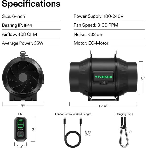 VIVOSUN AeroZesh T4 Inline Duct Fan, Quiet 4" 210 CFM Ventilation Exhaust Fan w/EC Motor and GrowHub E42A Temperature Humidity WiFi-Controller