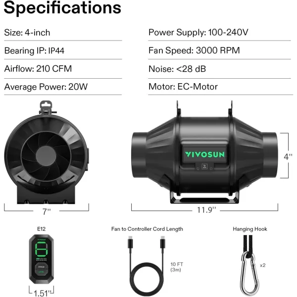 VIVOSUN AeroZesh T4 Inline Duct Fan, Quiet 4" 210 CFM Ventilation Exhaust Fan w/EC Motor and GrowHub E42A Temperature Humidity WiFi-Controller