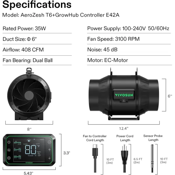 VIVOSUN AeroZesh T4 Inline Duct Fan, Quiet 4" 210 CFM Ventilation Exhaust Fan w/EC Motor and GrowHub E42A Temperature Humidity WiFi-Controller