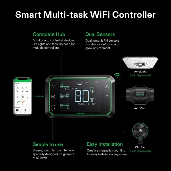 VIVOSUN AeroZesh T4 Inline Duct Fan, Quiet 4" 210 CFM Ventilation Exhaust Fan w/EC Motor and GrowHub E42A Temperature Humidity WiFi-Controller