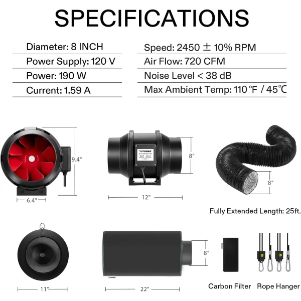 VIVOSUN Air Filtration Kit, 8” 720 CFM Inline Ventilation Fan with Speed Controller, 8” Black Carbon Filter and 25’ of Black Ducting for Grow Tent, Planting Room, Air Circulation