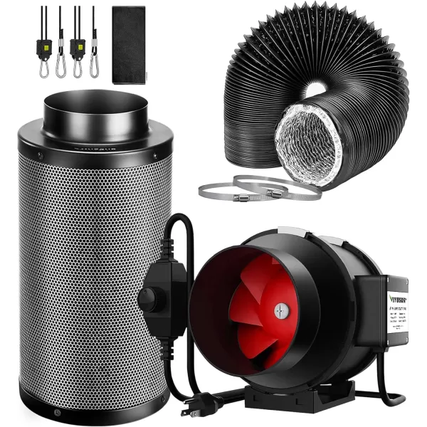 VIVOSUN Air Filtration Kit, 8” 720 CFM Inline Ventilation Fan with Speed Controller, 8” Black Carbon Filter and 25’ of Black Ducting for Grow Tent, Planting Room, Air Circulation