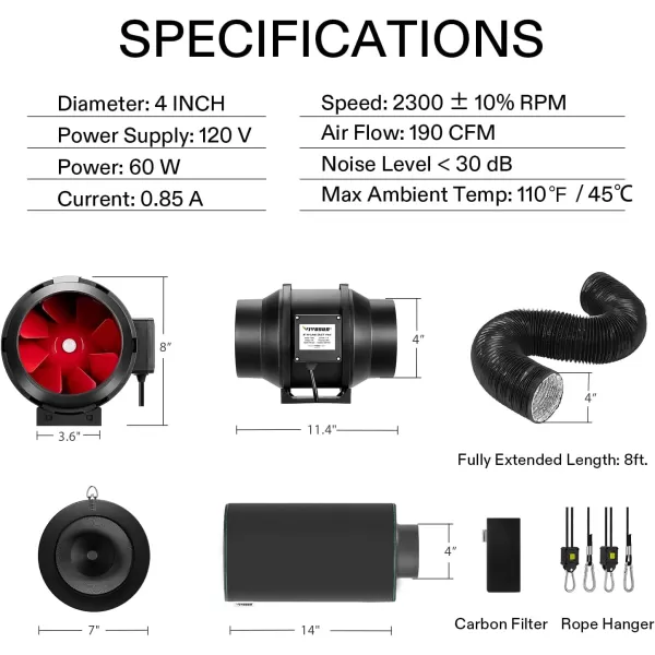VIVOSUN Air Filtration Kit, 8” 720 CFM Inline Ventilation Fan with Speed Controller, 8” Black Carbon Filter and 25’ of Black Ducting for Grow Tent, Planting Room, Air Circulation