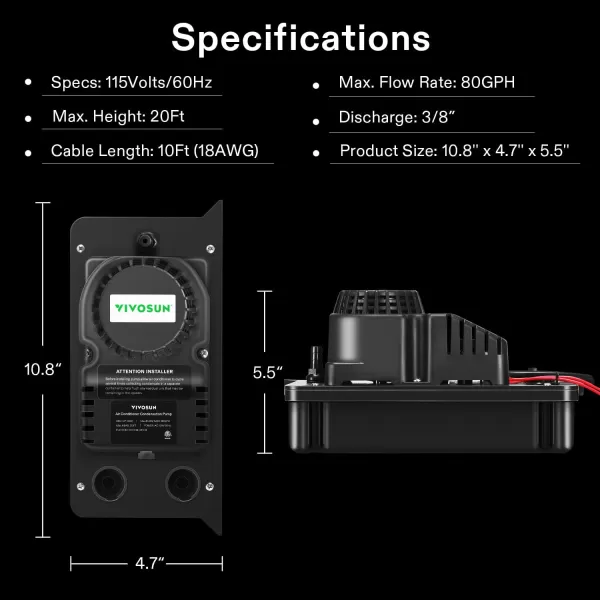 VIVOSUN Automatic Condensate Removal Pump, 115 Volts/60Hz, 80GPH, 1/30 HP with Safety Switch and Tubing for Air Conditioners, Dehumidifiers, Ice Machines, Furnaces, Black