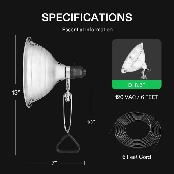 VIVOSUN Clamp Lamp Light with Detachable 8.5 Inch Aluminum Reflector up to 150 Watt E26 Socket , 6 Feet Cord, UL Listed, Pack of 2)
