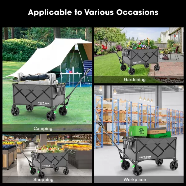 VIVOSUN Collapsible Folding Wagon, Outdoor Utility with Silent Universal Wheels, Cup Holders &amp; Side Pockets, Adjustable Handle, for Camping, Garden, Sports, Picnic, Shopping, Gray