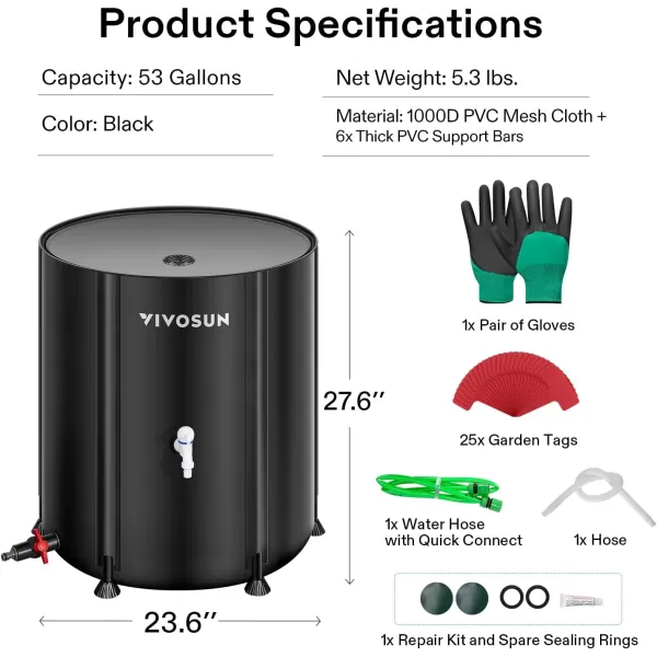 VIVOSUN Collapsible Rain Barrel, 53 Gallon with 1000D Oxford Cloth, Portable Rain Collection System, Water Barrel Collector w/Filter Spigot, Green